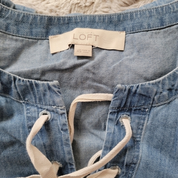 Loft 100% Cotton Blue Denim Style Lace Up Collar Sleeveless Dress XS - Picture 6 of 9